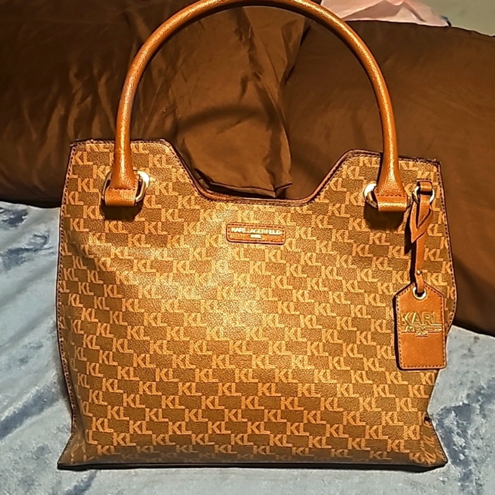 New, Karl Lagerfeld Paris Designer Large Signature Satchel, Dual Leather Handles